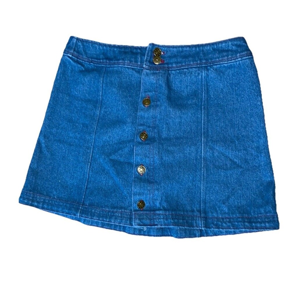 Women's Denim Mini Skirt Button Up A-Line Back Pleat. Brass Buttons w/Stars